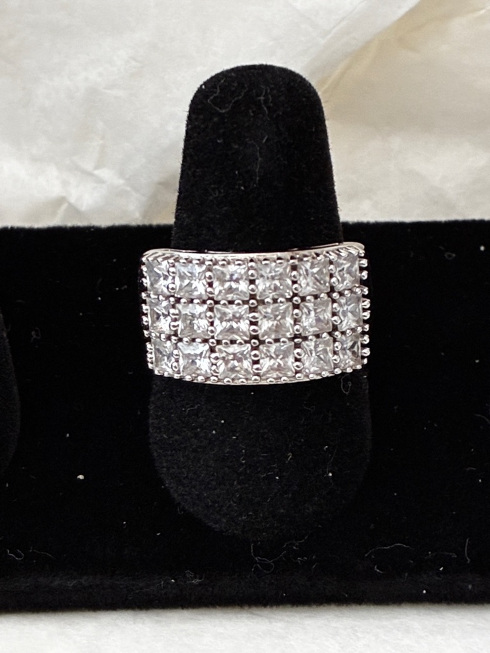 925 Sterling Silver 11mm Wide Tapered Band ring with three rows of diamonds